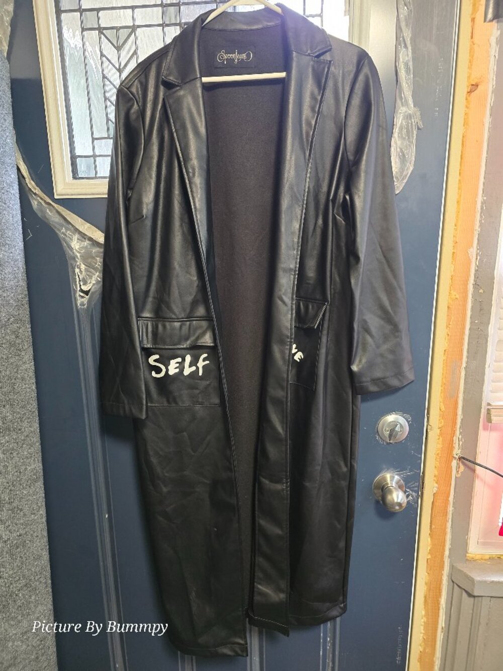 Spoon Jeans Black Faux Leather "Queen" Graphic Trench Coat Duster 1X
